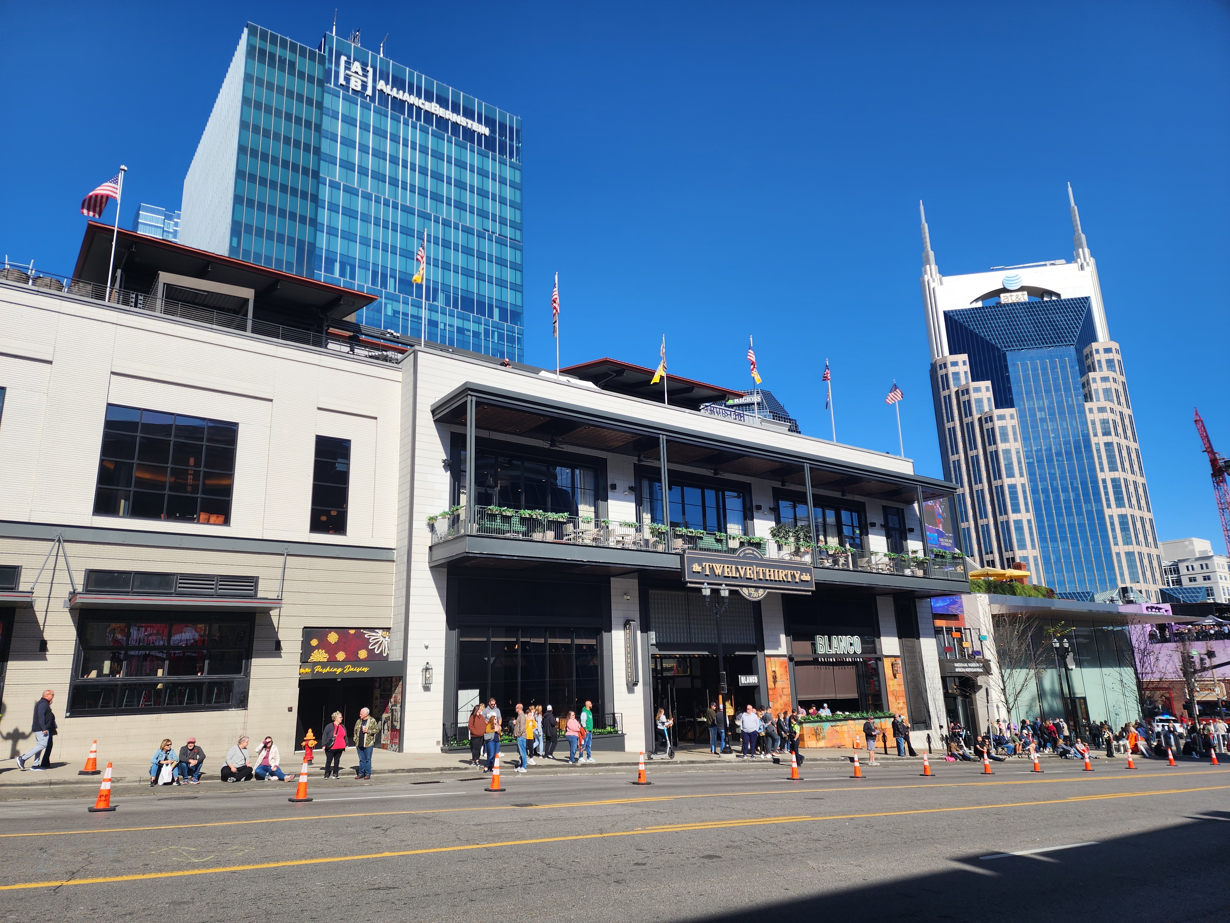 Fifth + Broadway in downtown Nashville with the AT&T Building behind it.